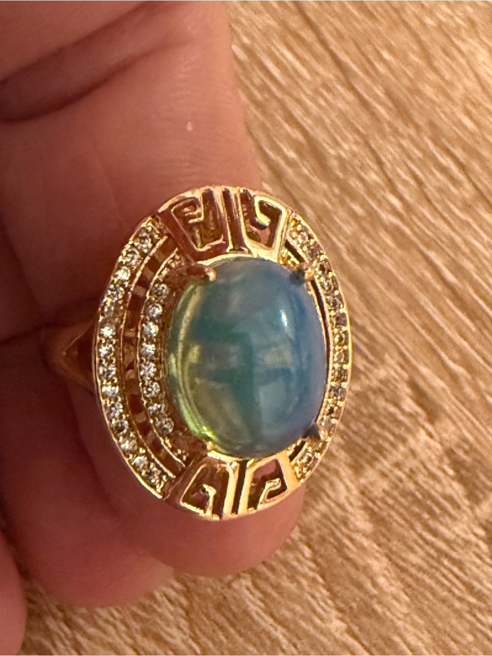 Gold-Tone Blue Opalescent Cabochon Statement Ring